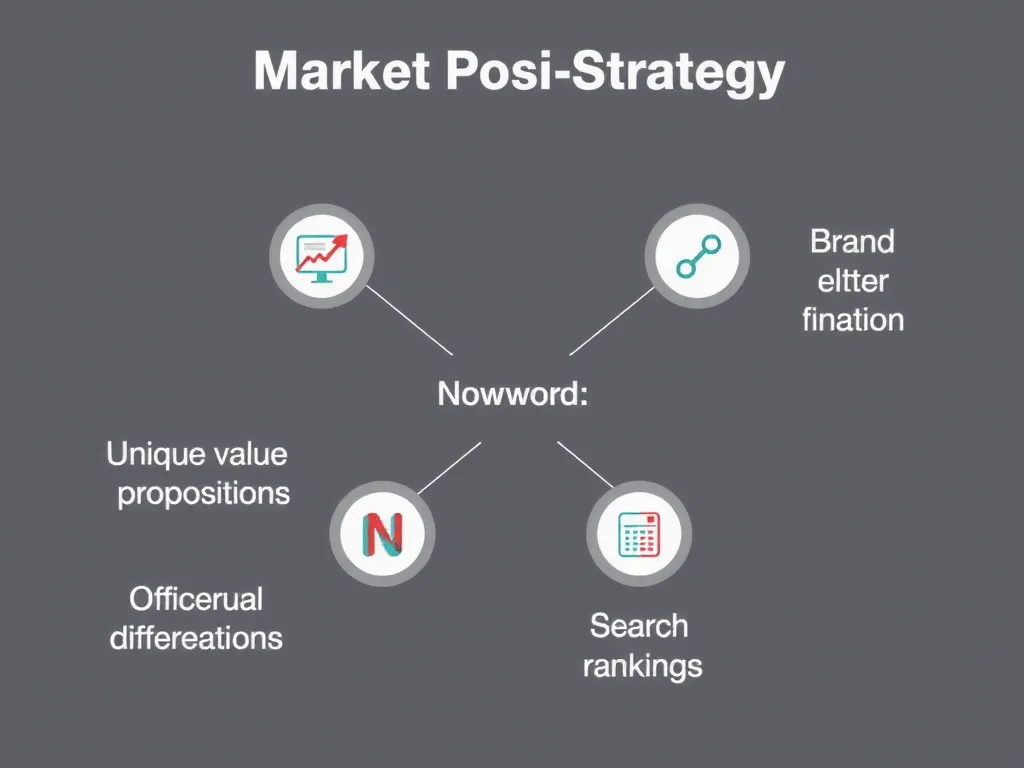 Graphical representation of market positioning strategy using AI insights, featuring elements like unique value propositions, search rankings, and brand differentiation