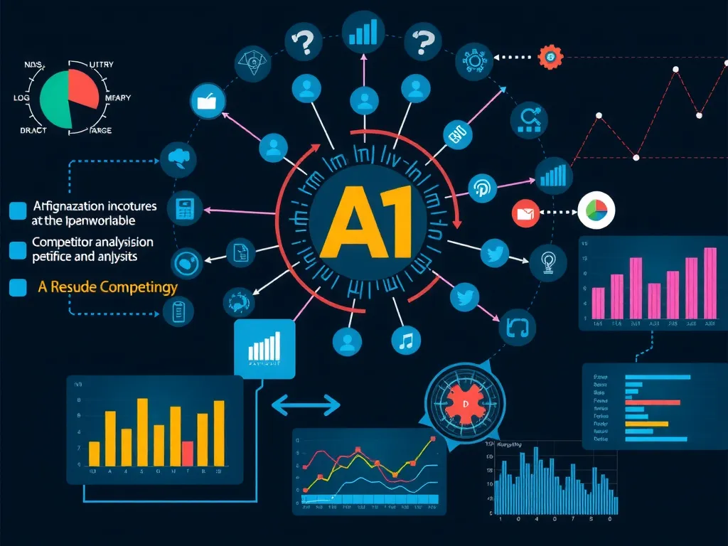 Detailed illustration of AI-driven competitor analysis in digital marketing, highlighting data streams, charts, and AI algorithms processing data