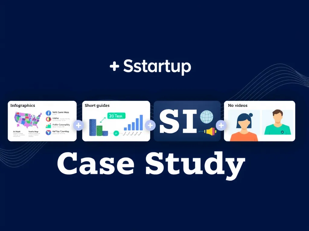 Visual case study of a tech startup using AI tools, depicting a successful content strategy with infographics, short guides, and videos