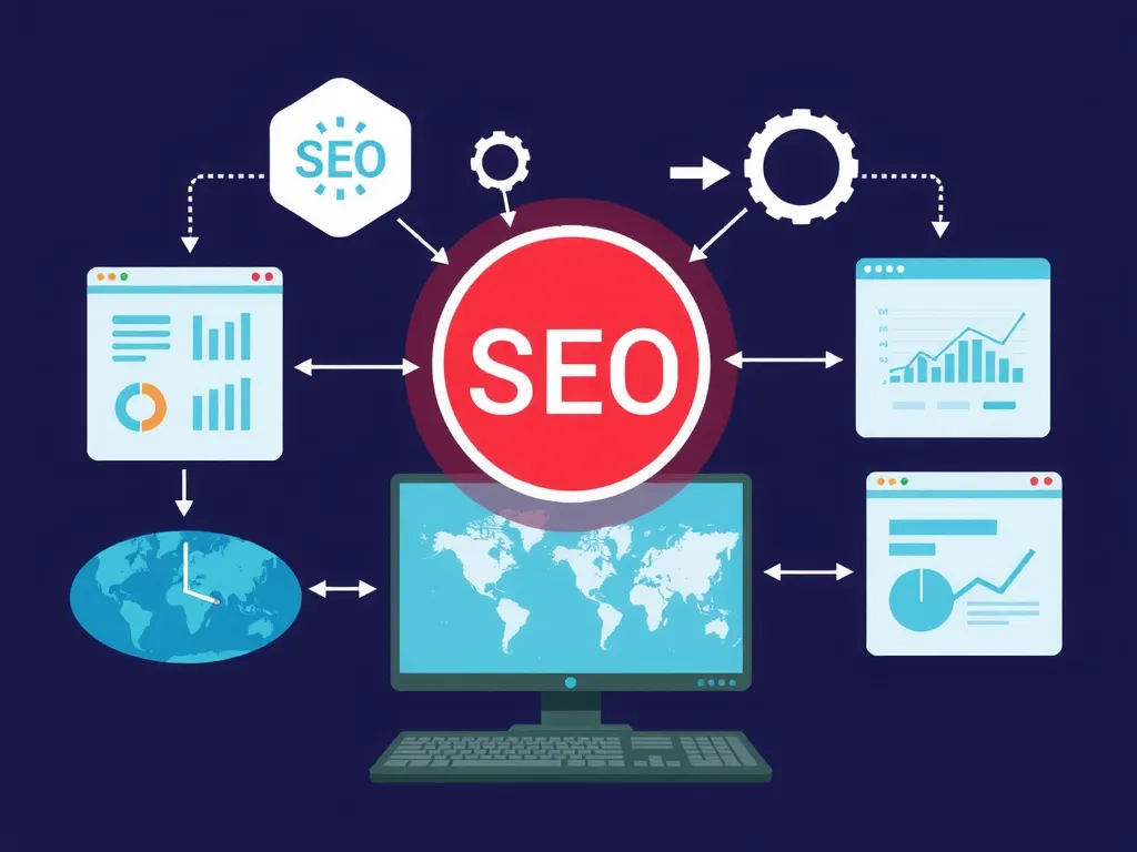 Conceptual image showing AI automation of SEO tasks, keyword research, data analysis, multiple screens, illustrating efficiency and precision