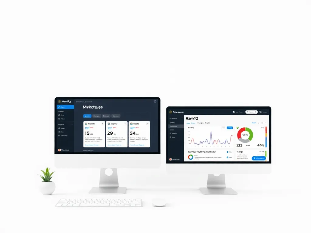 Desktop setup with UI mock-ups of MarketMuse and RankIQ tools, clean, modern style, emphasizing content and SEO optimization