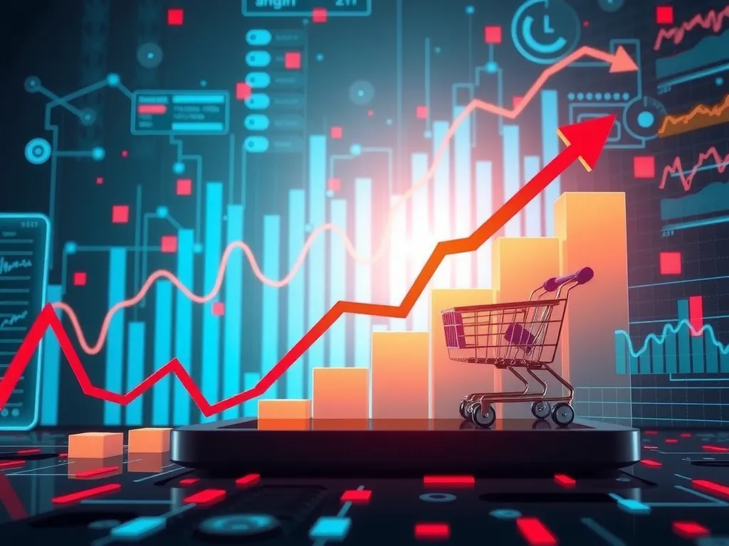 Innovative portrayal of AI as growth catalyst in e-commerce, progress graphs, digital growth mechanics, futuristic elements