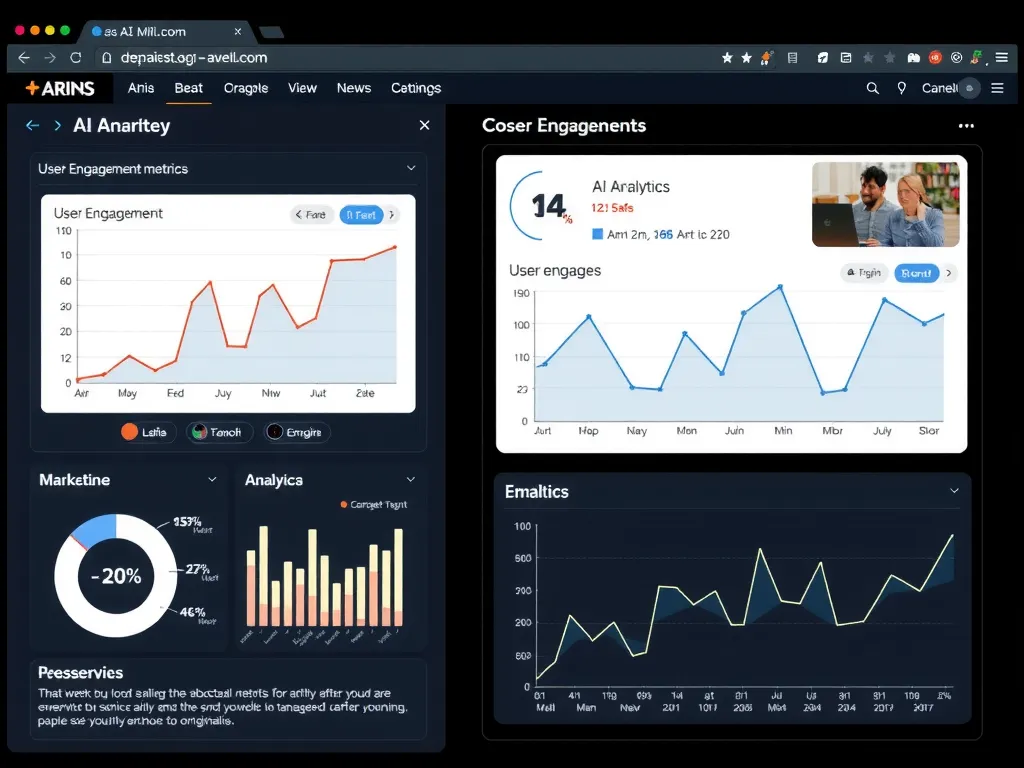 Sophisticated AI overlay on web page, showcasing graphs, analytics, user engagement metrics, modern and detailed